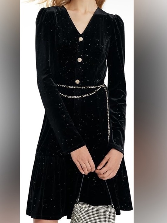 Dresses & Skirts - Elegant Black Velvet Button-Front Dress with Chain Belt